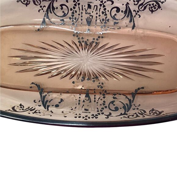 Pink Depression Oval Glass Plate Silver Scroll Overlay Pink 12" Vintage - Picture 4 of 12